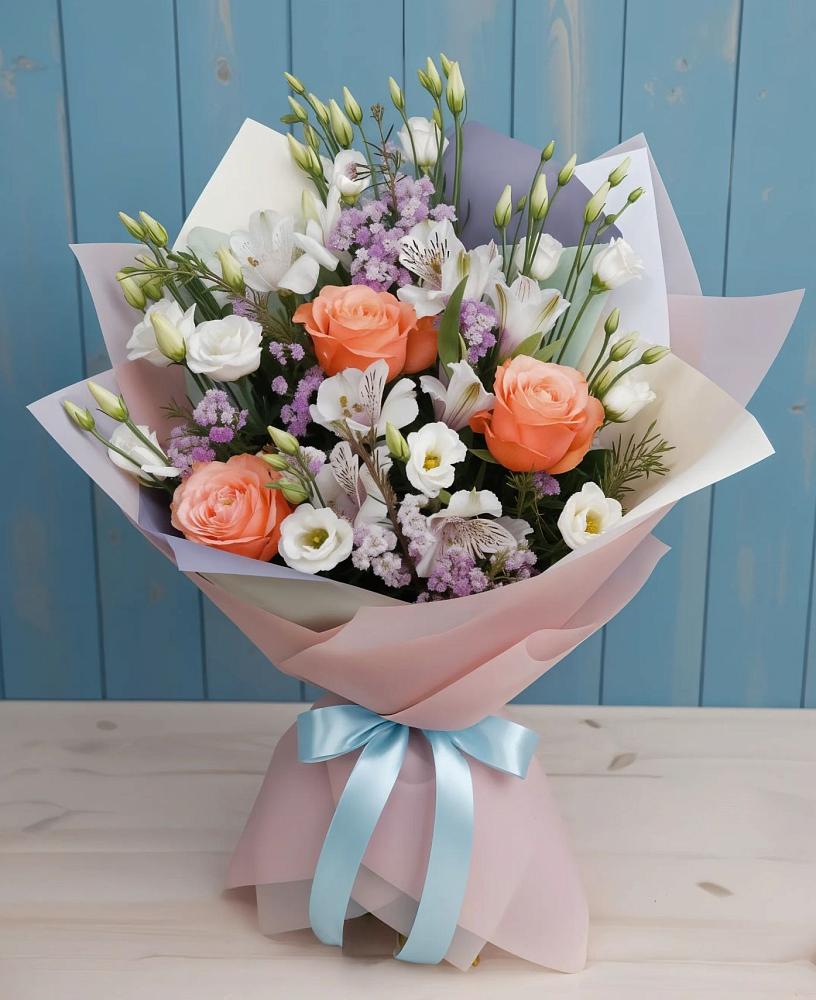 Букет цветов из: Лизиантусы, Розы, Альстромерии и Гипсофила в Дмитриевском