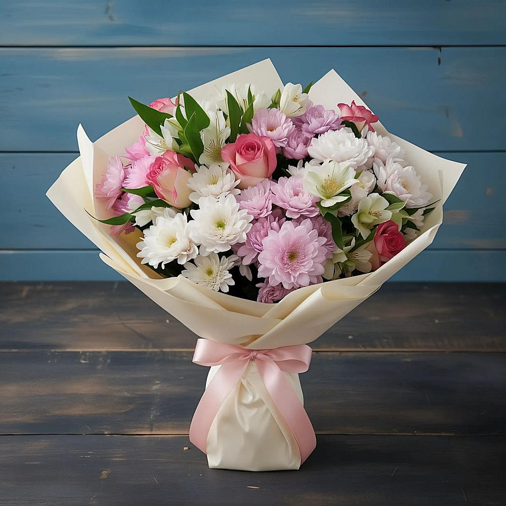 Букет цветов из: Хризантемы, Альстромерии и Розы в Дмитриевском